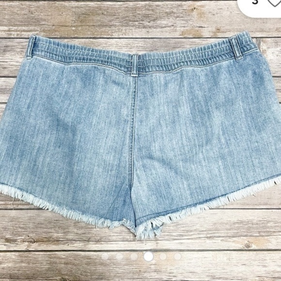 AERIE Denim Fringe Lace Distressed Shorts - Picture 3 of 6
